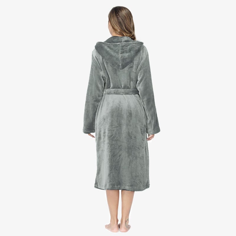 RONGTAI Womens Robes Plush Fleece Hooded Bathrobe Thick Nightgown with Pockets Fluffy Sleepwear (Large, Gray) - Image 2